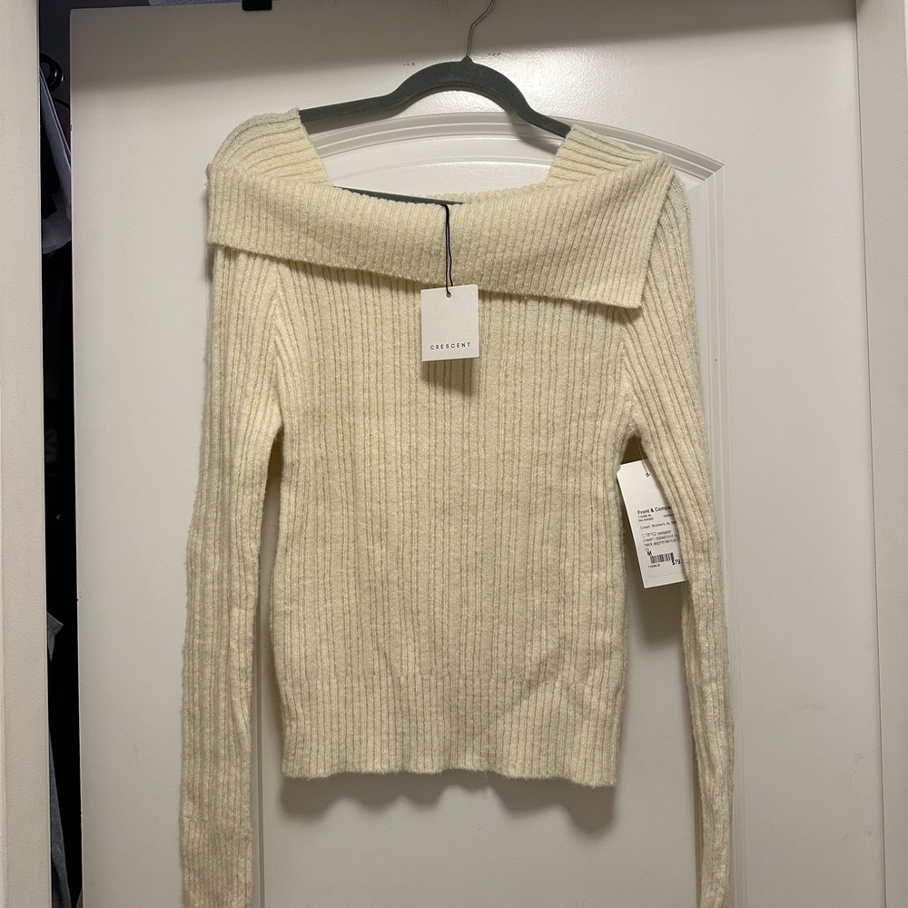 Off-Shoulder Ribbed Sweater in Cream